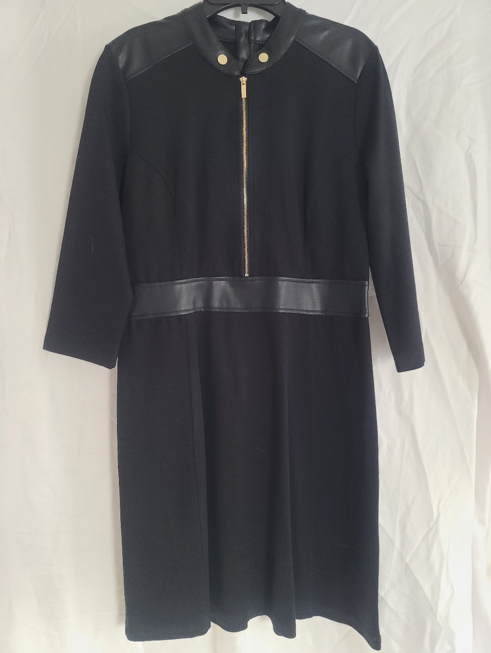 NWT Ellen Tracy Mandarin Collar Black A-Line Dress with Faux Leather Trim - Picture 4 of 10